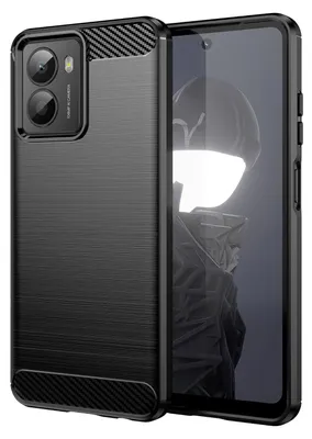 A black phone case with a brushed texture and carbon fiber accents is shown next to a smartphone.