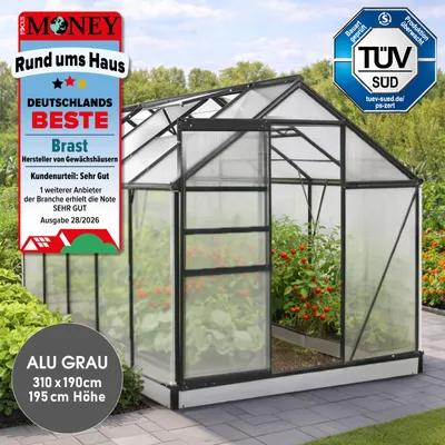 Produktbild von BRAST Gewächshaus Aluminium mit Fundament | 310x190x195cm | 6mm Hohlkammerplatten | rostfrei wetterfest temperaturbeständig | Grau
