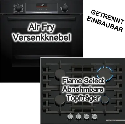 Produktbild von BOSCH Einbaubackofen und Gaskochfeld Set 71 L 3D Heißluft Hydrolyse Flame Select Glas schwarz