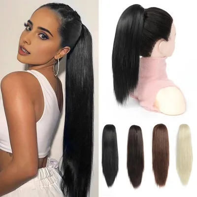 Image de Pièce de cheveux queue de cheval, synthétique, noire, 40 cm, droite, avec clip