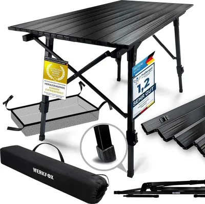Obrázek produktu pro Multifunkční kempingový stůl - Výškově nastavitelný skládací stůl 90x51 cm s taškou na přenášení - Nosnost až 30 kg