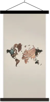 Produktbild von MuchoWow® Textilposter Weltkarte - Holz - Braun 40x80 cm mit schwarzem Rahmen - Wandemalerei