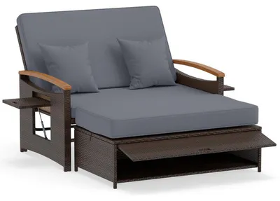 Obrázok produktu pre Sedacia súprava HW75164GR, dvojmiestna pohovka a taburetka, ratan, hnedo-sivá – B
