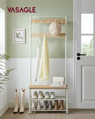 Produktbild von VASAGLE Garderobenständer, Garderobe, Kleiderständer, mit Schuhbank, 3-in-1 Design, Stahl, für Eingangsbereich, Flur, 32 x 70 x 175 cm, modern, eichenfarben-weiß HSR041W09