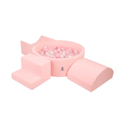 Obrázok produktu pre KiddyMoon Mäkké penové ihrisko pre deti s guľatým loptičkovým ihriskom (200 ∅ 7 cm) s mäkkými prekážkami a loptičkovým bazénom,  vyrobené v EÚ, Ružová: Púdrovo ružová/Perla/Transparentné,