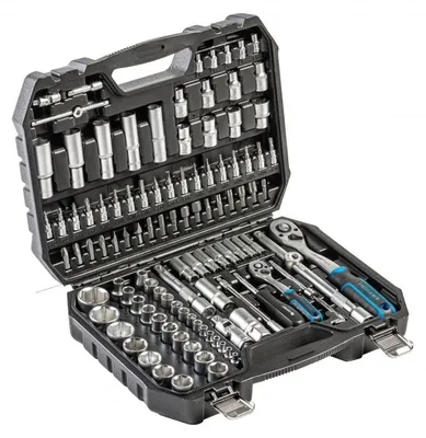 Produktbild von Högert Technik Werkzeugset 112-teilig, CrV, Ratschen 1/4" und 1/2", Steckschlüssel, Bits und Zubehör, aus hochwertigem Chrom-Vanadium-Stahl, in robustem Koffer mit Metallverschlüssen