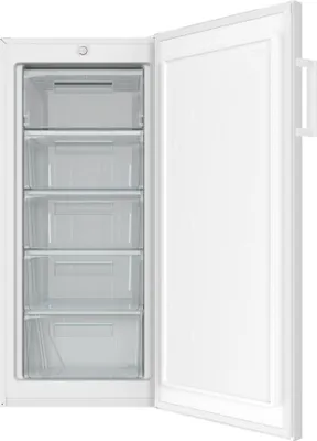 An open white freezer with multiple transparent drawers.