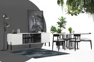 Obrázek produktu pro *Skupina jídelen Jídelní stůl Židle Dřevěný stůl Set 7ks Bílé stoly