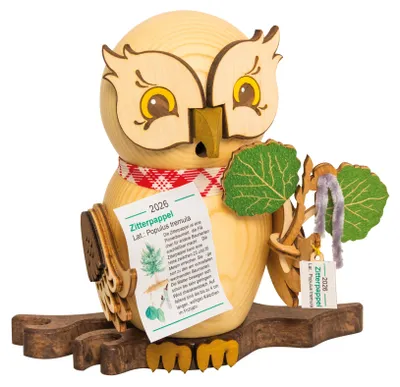 Produktbild von Drechslerei Kuhnert Räucherfigur - Jahreseule 2026 - "Zitterpappel" - aus Holz - ca. 15 cm - für Räucherkerzen (M)