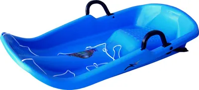 A blue plastic sled with black handles is shown against a white background.