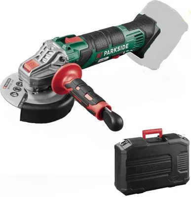 A cordless angle grinder and its carrying case are displayed against a white background.