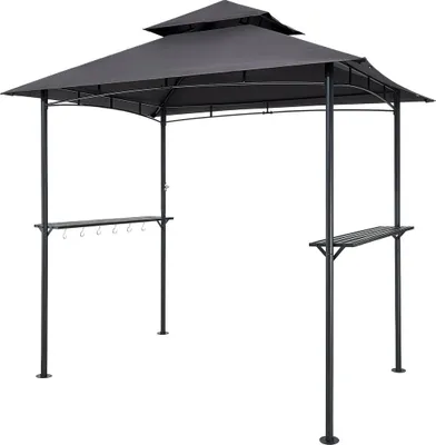Produktbild von Grill Gazebo, 2.43 x 1.5 m Outdoor BBQ Gazebo with Double-Tiered Roof, Powder-Coated Steel Patio Grill Shelter with 2 Side Shelves & 8 Hooks, Grilling Canopy for Patio Backyard Garden Picnic