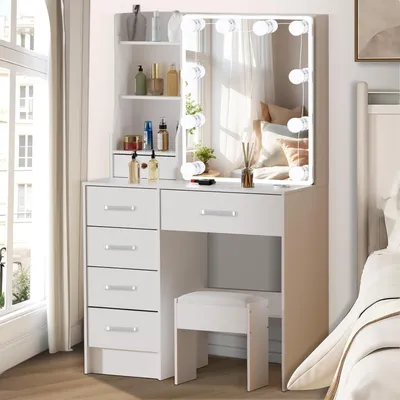 Produktbild von Schminktisch mit LED-Beleuchtung, Hocker, 10 Glühbirnen