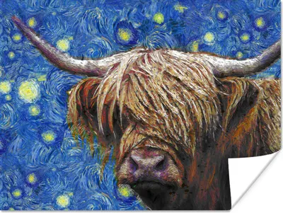 Produktbild von MuchoWow® Poster Van Gogh - Schottischer Highlander - Sternennacht 160x120 cm - Foto Plakat