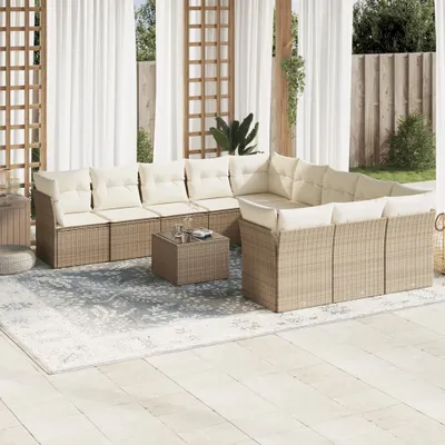 Produktbild von Design 12-tlg. Garten-Sofagarnitur mit Kissen Beige Poly Rattan, Gartenmöbel-Sets 2024 Neu