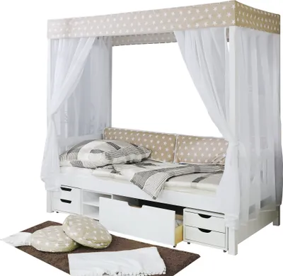 Produktbild von Himmelbett Marlies Massivholz Kiefer inkl.Tüll-Set Braun Weiß
