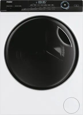 A front view of a white Haier washing machine with a large black door and a digital display panel.