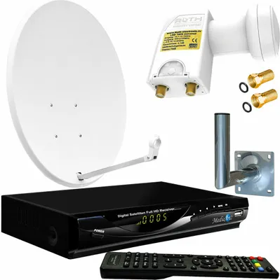 Produktbild von 2-TV Sat-Anlage Spiegel Schüssel 60cm Twin LNB FULL HD 0,1 Sat-Receiver MEDIAART 2x USB, HDTV, Scart, Wandhalter, Kabel, F-Steckern
