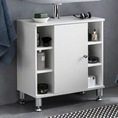 Produktbild von FineBuy Waschbeckenunterschrank 60 x 64 x 32 cm mit Tür & 6 Ablagefächer Weiß Waschtischunterschrank Badezimmermöbel Unterschrank Bad