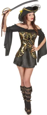 Produktbild von Verruchte Piratin Seeräuberin-Kostüm mit Ornamenten schwarz-gold - S/M