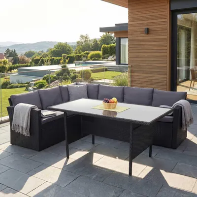Produktbild von Poly-Rattan-Garnitur HWC-A29, Gartengarnitur Sitzgruppe Lounge-Esstisch-Set, schwarz  Kissen dunkelgrau