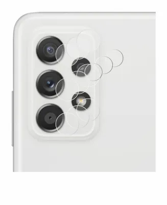 A close-up view of the rear camera module of a white smartphone, with several clear, circular lens protectors scattered around it.
