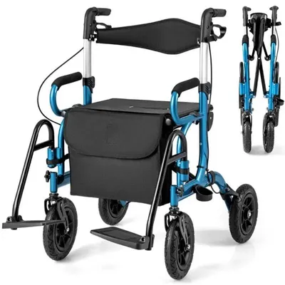 Produktbild von Rollstuhl und Reiseganghilfe JH10028NY, 2-in-1, zusammenklappbar, blau