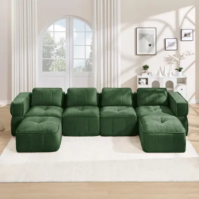 Obrázek produktu pro Modulární pohovka ve tvaru U, 4 místná, bez rámu, s podnožkou, zelená, polyester, rozměry 344x162x67 cm, výplň z pěny 32D, dodáváno bez montáže