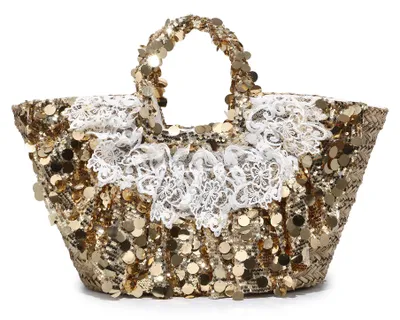 Imagen del producto de Bolsa de playa para mujer, trenzada, de paja y algodón, en color plateado y blanco con lentejuelas