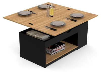 Produktbild von Rechteckiger, klappbarer Couchtisch, umwandelbar in einen Esstisch aus schwarzem Holz und Buchenholzoptik