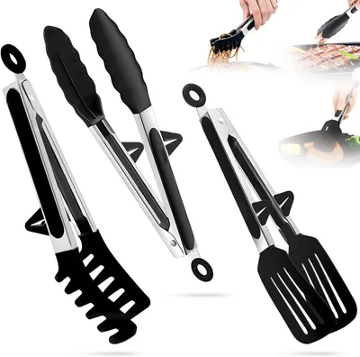 Produktbild von Küchenzange Set, 3-teilig, Silikonspitzen, Antirutsch-Griffe, schwarz, für BBQ