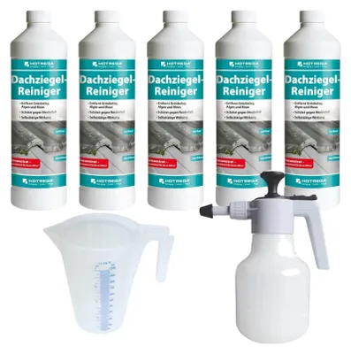 Produktbild von HOTREGA Dachziegel Reiniger Konzentrat 5x 1 Liter | Langzeitschutz gegen Grünbelag, Algen | materialschonend | inkl. Messbecher + Druckspritze