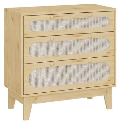 Produktbild von Moderne Holzkommode - Nachttisch Beistelltisch - 3 Schubladen mit Rattanfront - Metallgestell - Für Schlafzimmer und Wohnzimmer - Holzfarbig