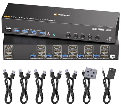 Zdjęcie produktu dla Przełącznik KVM, obsługujący 3 monitory, 5 komputerów, z interfejsami HDMI i DisplayPort, oferujący rozdzielczość 8K przy 30 Hz lub 4K przy 144 Hz
