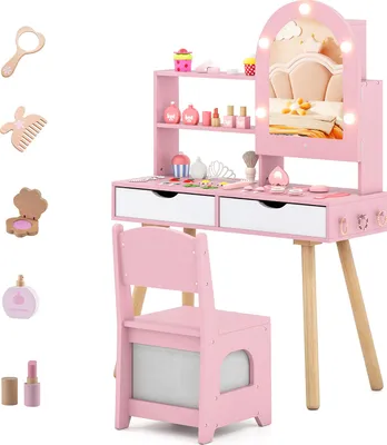 A pink wooden children's vanity set with a mirror, chair, and various toy makeup accessories.