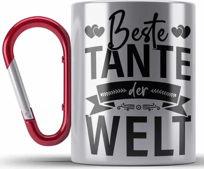 Produktbild von Trendation - Beste Tante Der Welt Edelstahl Tasse Karabiner Geschenkidee Lustig Spruch Lieblingstante Geschenke (Rot)