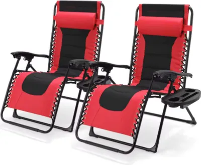 Immagine prodotto di Poltrona imbottita Zero Gravity – Set da 2 – Sedia da giardino regolabile – Lettino – Poltrona pieghevole con poggiatesta e portabicchieri – Supporta fino a 160 kg – Rosso