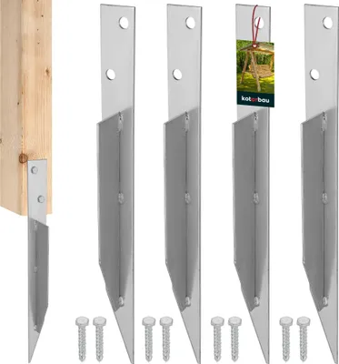 A wooden post with metal brackets and screws, presented in a studio setting.