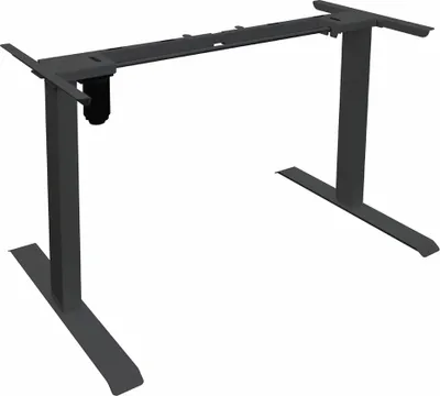 A dark gray adjustable desk frame shown from a slightly elevated side angle against a white background.