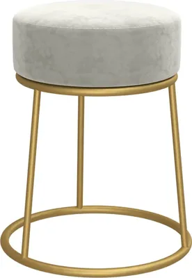 A light gray velvet stool with a gold metal frame.