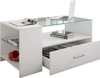 Immagine prodotto di Tavolino in legno con vetro di sicurezza ESG | Sofatic con spazio di archiviazione sufficiente | Dimensioni ca. H. 45 x W. 100 x D. 50 cm | Tavolo soggiorno con cassetto - Tindala