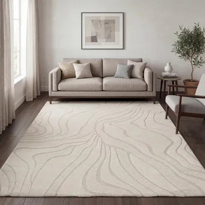 Produktbild von Teppich Wohnzimmer Kurzflor Skandi Japandi Boho Abstraktes Muster 3D Uni Creme Grösse 160x220 cm