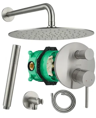 Produktbild von HANSGROHE AXOR STARCK Armatur + Ibox | DEUSENFELD EDELSTAHL M8 Unterputz Duschset #10, Echt Edelstahl 304 Regenbrause + Brauseset, matt gebürstet