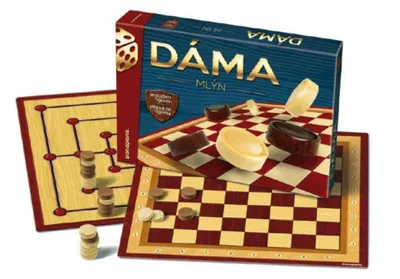 A product box for a board game called "Dáma + mlýn" is shown, along with two game boards and game pieces.