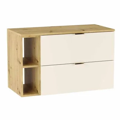 A white and wood-toned cabinet with two drawers and open shelving.
