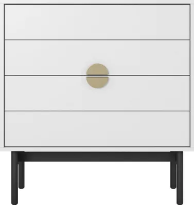 A white chest of drawers with a gold circular handle and a black metal frame, shown from the front against a white background.
