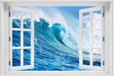 Produktbild von Wallario Wandbild mit Fenster-Illusion: Eindrucksvolle Welle im Ozean, Größe: 61 x 91,5 cm, Poster mit weißem Aluminiumrahmen