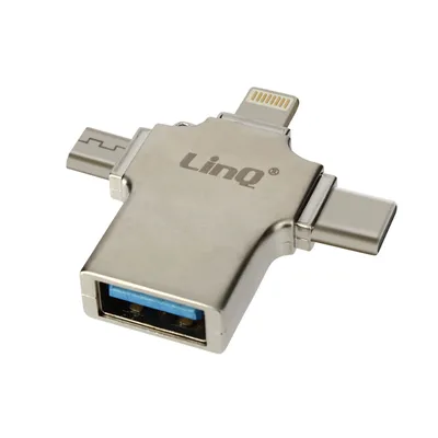 Immagine prodotto di adattatore OTG 3 in 1 da Lightning, USB-C e Micro-USB a USB, LinQ - Argento