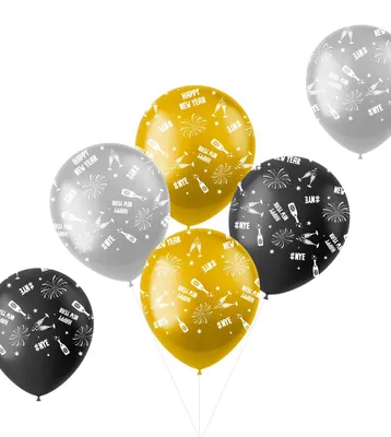 Immagine prodotto di 6 palloncini "Happy New Year" nero, argento e oro - Capodanno