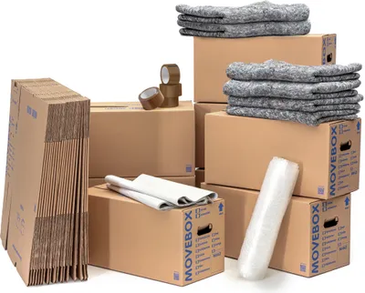 Produktbild von Umzugsset 3-4 Zimmer Wohnung 75 Umzugskartons zweiwellig + 5 kg Packseide + 2 Rollen 0,5 x 5 m Luftpolsterfolie + 1 Rolle 1,0 x 5 m Luftpolsterfolie + 2 Rollen 50 x 66 lfm Klebeband Braun + 6 Umzugsdecken 130 x 200 cm